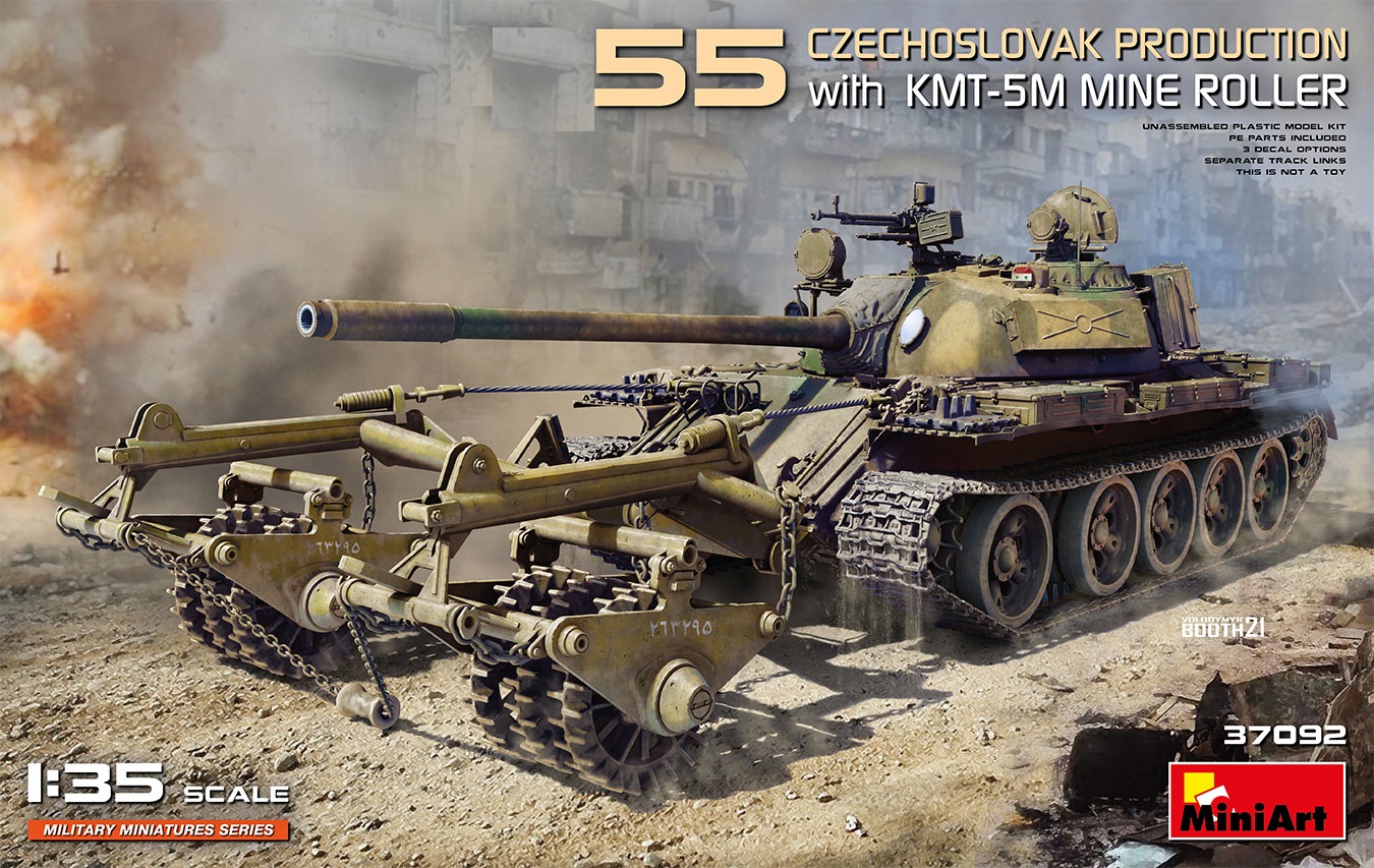37092  техника и вооружение  Танк-55 CZECHOSLOVAK PRODUCTION with KMT-5M MINE ROLLER  (1:35)