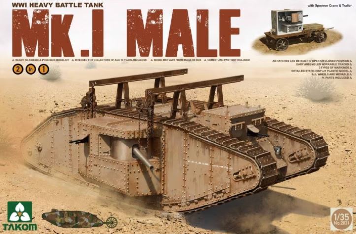 2031  техника и вооружение  WWI Heavy Battle Tank Mk.I Male with Sponson Crane & Trailer  (1:35)